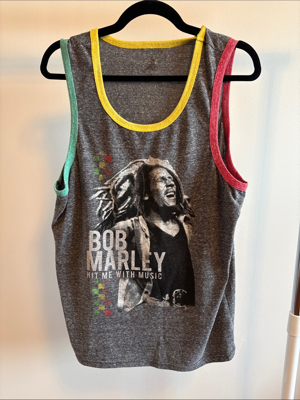 ☀️Bob Marley Graphic Tank Top - Gray with Yellow, Green & Red Trim
